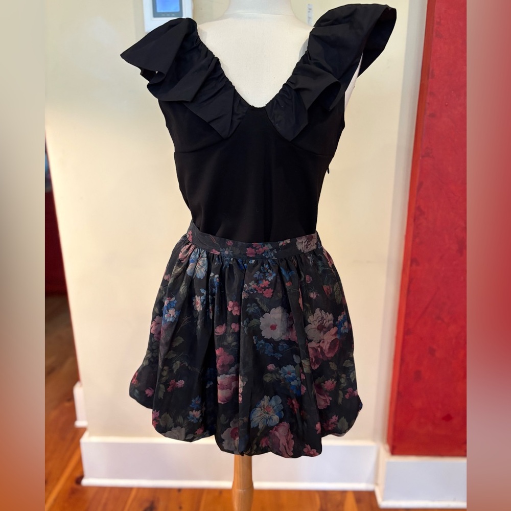 Anthropologie Black Floral Mini Bubble Skirt